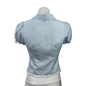 Peppermayo Blue Stripe Short Puff Sleeve Ruffle Crop Button Up Shirt Top Size XS thumbnail 3