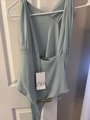 ZARA One-Shoulder Draped Bodysuit in light blue thumbnail 5