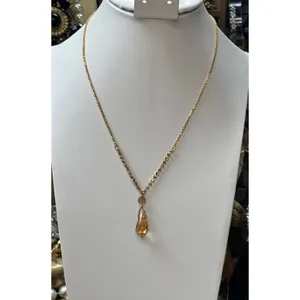 Gold Rhinestone Necklace With Amber Crystal Drop Pendant thumbnail 2