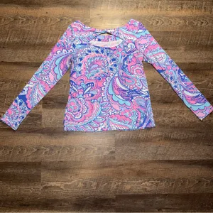Lilly Pulitzer Pink and Blue Long Sleeve Cut Out Blouse thumbnail 5