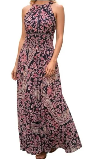 Abel the Label Anthropologie Vienna Halter Floral Maxi Dress Blue Pink Size S thumbnail 1