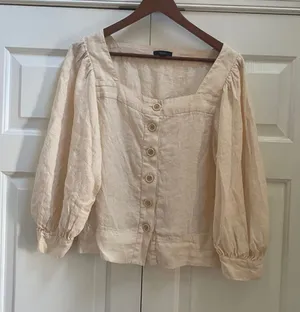J.Crew Top Women M Cream Linen Square Neck Puff Sleeve Button Down Peasant Boho thumbnail 1