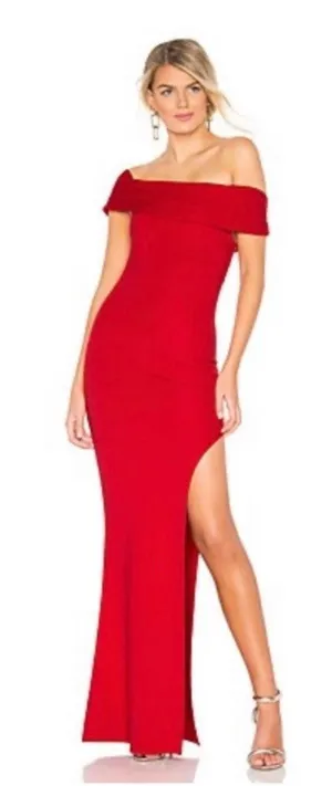 Lovers + Friends Revolve Red Off the Shoulder Side Slit Cocktail Maxi Gown S thumbnail 1