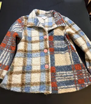 Kamana Womens Plaid Boucle Knit‎ Button Front Jacket Blue Orange Cream Large thumbnail 1