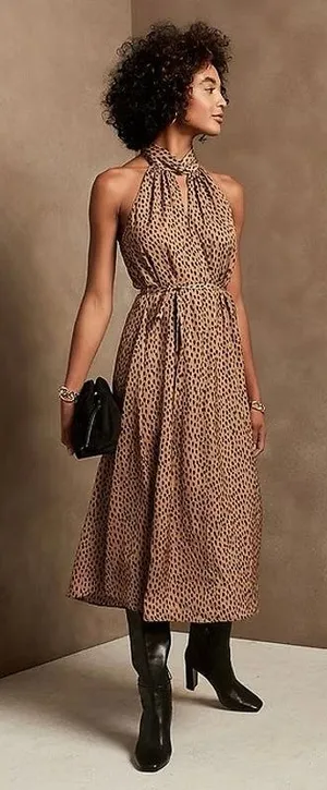Banana Republic Brown Silky Satin Sleeveless Leopard Print Midi A Line Dress XS thumbnail 1