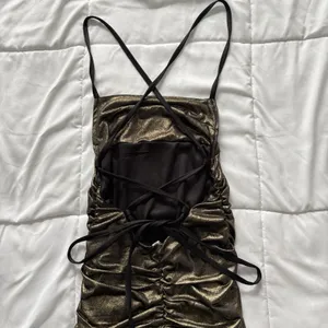 Lucy in the Sky‎ Mini Dress Womens Size XS Bodycon Lace Up Gold Shimmer Feminine thumbnail 6