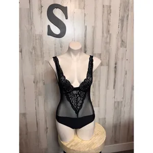 Timing Black Mesh Lace Bodysuit Womens Size Small S Sheer Low Back Teddy Lingeri thumbnail 3
