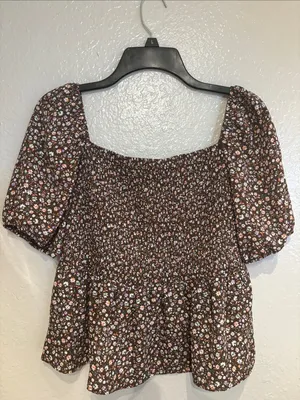 Smocked Square-Neck Brown Floral Peplum Sz L Top Casual Hesperus thumbnail 6