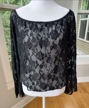 Vintage Black Floral Lace Off-Shoulder Flare Sleeve Blouse Fits Small to Medium thumbnail 1