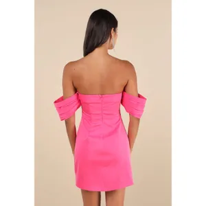 NWT Lulus Totally Haute Hot Pink Satin Pleated Off-the-Shoulder Mini Dress Sz M thumbnail 3