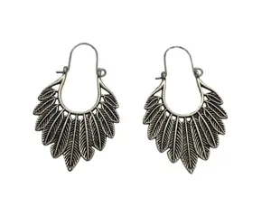 Silver Tone Feather Hoop Earrings Dangle Wire 2" Long Boho Hippie Southwestern thumbnail 1