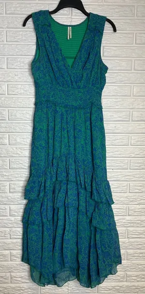 Anthropologie‎ green blue floral tiered maxi dress v-neck sleeveless women small thumbnail 1