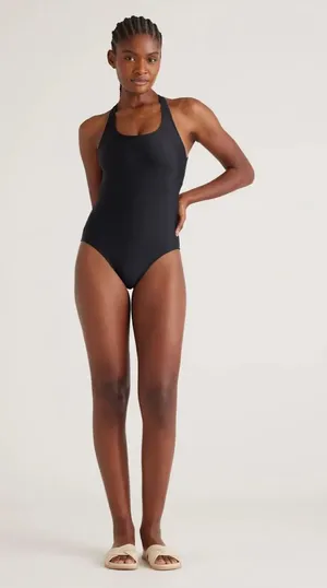 New Quince Cross-Back One-Piece Swimsuit in Black Size Large thumbnail 1