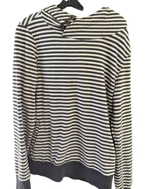 BKE Womens Striped Asymmetrical Button Neck Hoodie Sweatshirt Grey‎ White Large thumbnail 1
