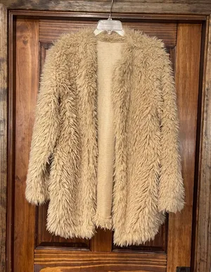 Unbranded Beige Shaggy Faux Fur Coat Open Front Plush Long Sleeve Jacket O/S thumbnail 1