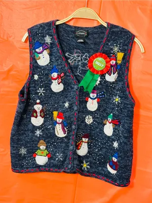 Navy Snowman Embroidered Holiday Sweater Vest - Women's Festive Knit thumbnail 8