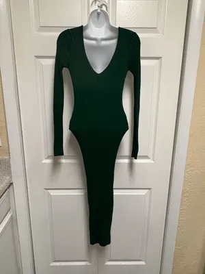 Hunter Green Deep V Neck Ribbed Dress thumbnail 4