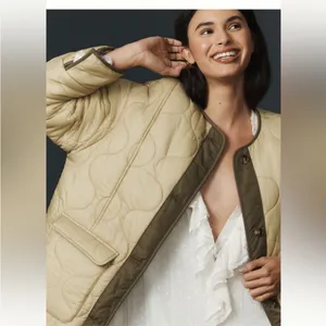 Anthropologie Tan Floral Reversible Quilted Puffer Jacket thumbnail 4