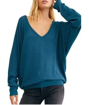 Free People We The Free Santa Clara Thermal Top XS Blue Waffle Knit Relaxed Boho thumbnail 1