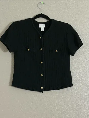 H&M Small Black Short Sleeve Knit Cardigan Gold Buttons Cropped Preppy Chic Top thumbnail 7