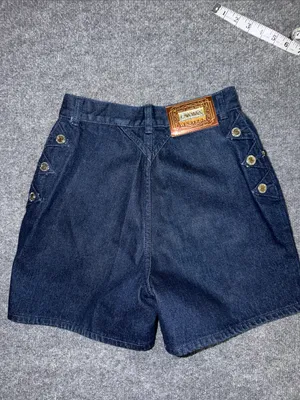vintage Lawman high-waisted dark wash denim shorts featuring prominent gold-tone thumbnail 3