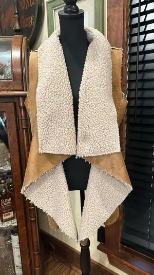Forever 21 Faux Sherpa Long Vest Brown and White Large thumbnail 1