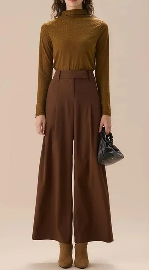 Rihoas Brown High Waisted Pockets Straight Pants thumbnail 3