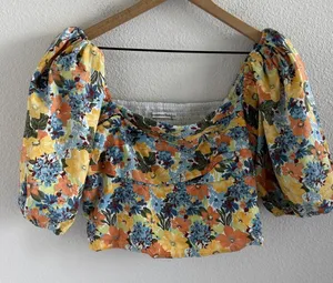 Abercrombie & Fitch Floral Puff Sleeve Blouse Back Smocking Large thumbnail 1