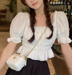 Japanese White Bohemian Cottage Puffy Sleeves Ruffle Lace Ribbon Crop Top Blouse thumbnail 1