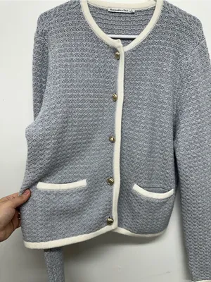 Abercrombie & Fitch Light Blue Textured Crewneck Cardigan with Cream Trim thumbnail 6