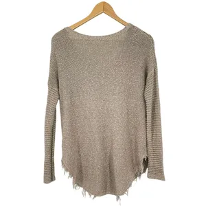Free People Taupe Cable Knit V-Neck Sweater‎ Distressed Hem Oversized Size XS thumbnail 2