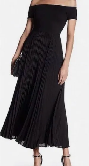 Alice + Olivia Black Off-Shoulder Pleated Maxi Skirt Dress thumbnail 1