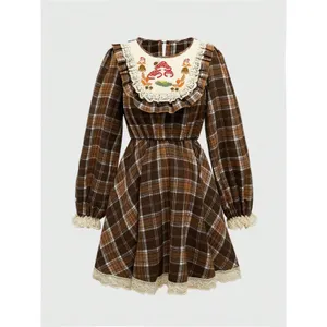Romwe NWT Fairycore Women's Casual Plaid Patchwork Mushroom Embroidery Mini Dress thumbnail 2