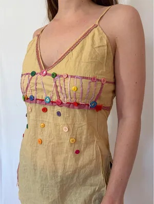 Pale Yellow Button Detail Pink Trim Tie Back Y2k Tank Top thumbnail 5