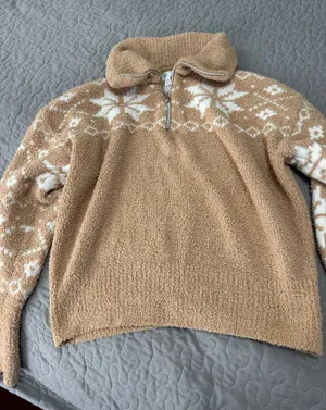 Time and Tru Tan Sherpa Half-Zip Sweater with White Nordic Pattern thumbnail 1