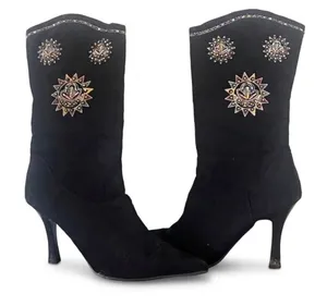 Splash fusion Foot Wear Black Velvet Embroidered Western Heel Boots Size 7 thumbnail 1