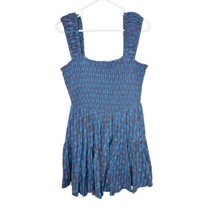 Free People Sweet Annie Mini Dress Blue Print Smocked Tiered Square Neck Womens thumbnail 5