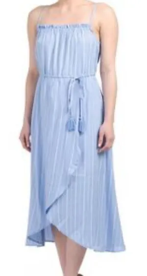 Morrisday The‎ Label Blue White Striped Tassel Tie Wrap Midi Dress XL AUS 16 thumbnail 1