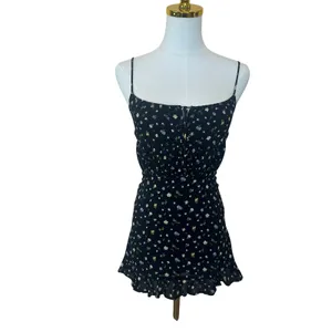 Reformation Black Floral Mini Slip Dress SIZE 0 Micro Smocked Calico Y2K $200 thumbnail 10