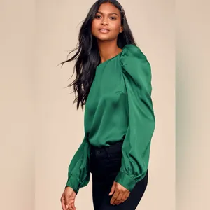 Lulus Love You Dearly Forest Green Satin Long Sleeve Top thumbnail 3