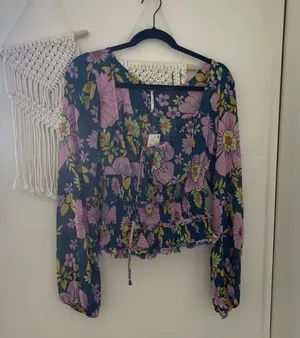 Free People Balconette Floral Smocked Peasant Top NWT Boho Long Sleeves thumbnail 1