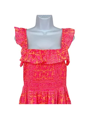 Vineyard Vines Neon Tortola Smocked Midi Dress Vibrant Pink Orange Size Medium thumbnail 9