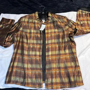 MSK‎ Plaid Open Front Jacket Blazer Brown Gold Metallic Shimmer Evening Wear-XL thumbnail 3