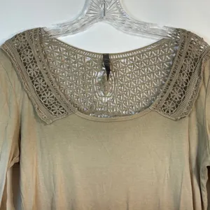 XCVI Ombre Cotton Crochet Lace Yoke 3/4‎ Sleeve Top Tan Brown XL thumbnail 3