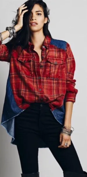 Free People Runaway Plaid & Denim Mixed Media High Low Button Down Shirt M thumbnail 1