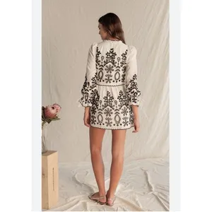 SAYLOR Ivory Mini Dress with Black Floral Embroidery Size XS 100% Cotton thumbnail 2