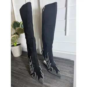 Others Follow Women Size 8 Wedge Heel Flame Rhinestone Point Toe Knee High Boot Fashion Trendy thumbnail 2