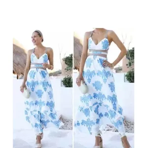 A Loves A Coastal Wrap Corset Dress Womens Size L Blue White Embroidered‎ Floral thumbnail 2