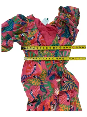 FARM Rio Coral Mixed Graphic Macaws Puff Sleeve Ruffle Hem Midi Wrap Dress XS thumbnail 16