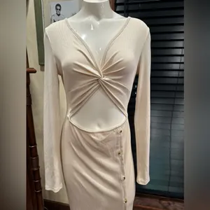 SHEIN Boho Coastal Cream Ribbed Knit Cut-Out Maxi Dress Twist Front Long Sleeve thumbnail 7